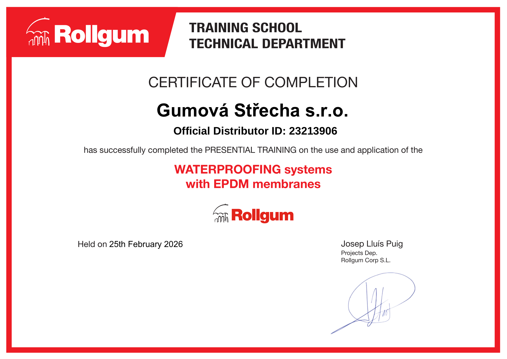 Certifikát Gumovastrecha - Rollgum EPDM Training 2026